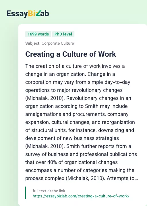 Creating a Culture of Work - Essay Preview