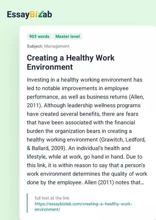 Creating a Healthy Work Environment - Essay Preview