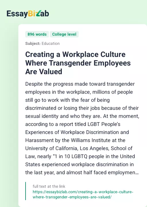 Creating a Workplace Culture Where Transgender Employees Are Valued - Essay Preview