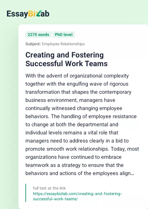 Creating and Fostering Successful Work Teams - Essay Preview