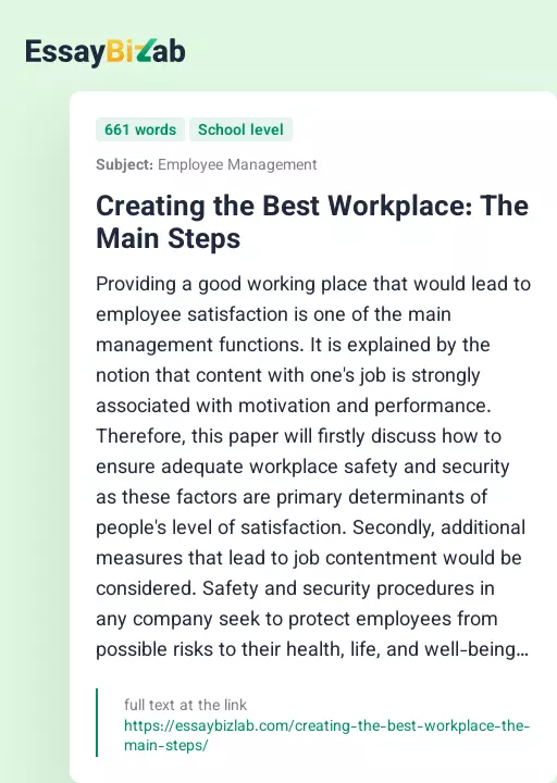Creating the Best Workplace: The Main Steps - Essay Preview