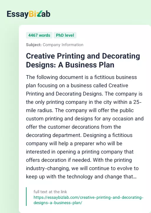 Creative Printing and Decorating Designs: A Business Plan - Essay Preview