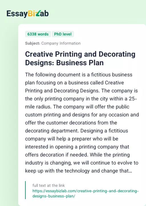 Creative Printing and Decorating Designs: Business Plan - Essay Preview
