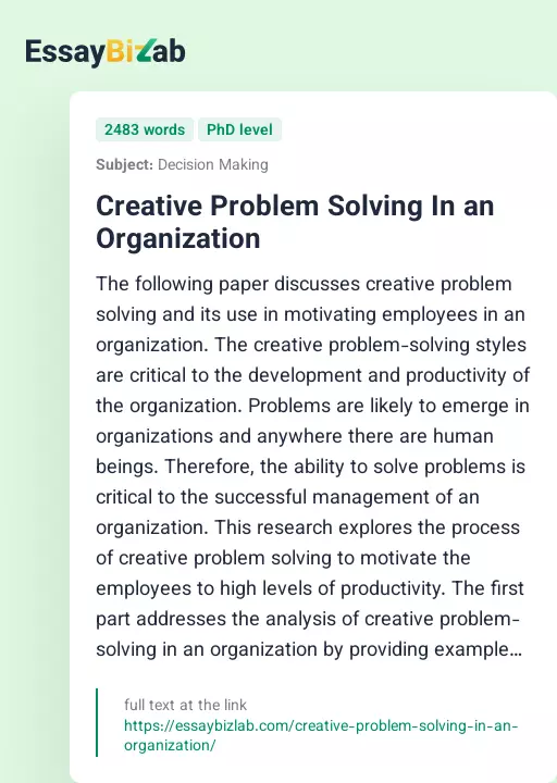 Creative Problem Solving In an Organization - Essay Preview