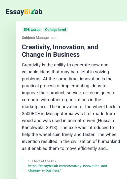 Creativity, Innovation, and Change in Business - Essay Preview