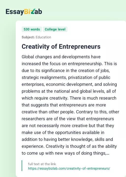 Creativity of Entrepreneurs - Essay Preview