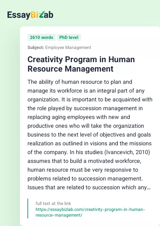 Creativity Program in Human Resource Management - Essay Preview