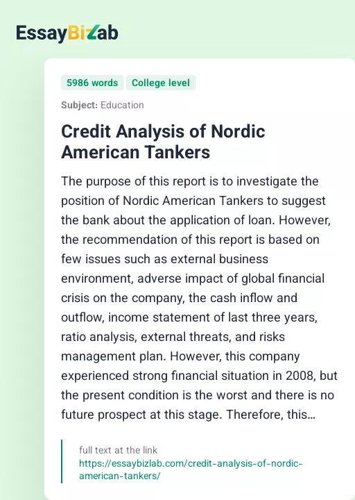 Credit Analysis of Nordic American Tankers - Essay Preview