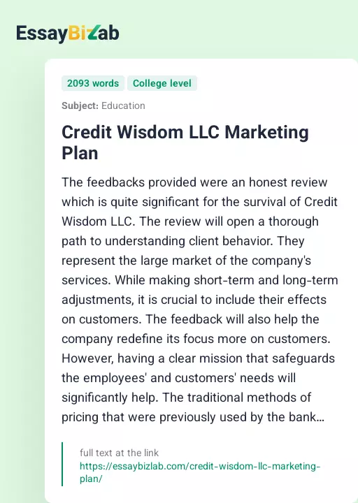Credit Wisdom LLC Marketing Plan - Essay Preview
