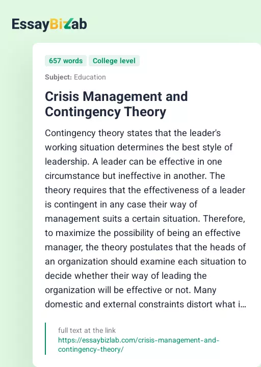 Crisis Management and Contingency Theory - Essay Preview