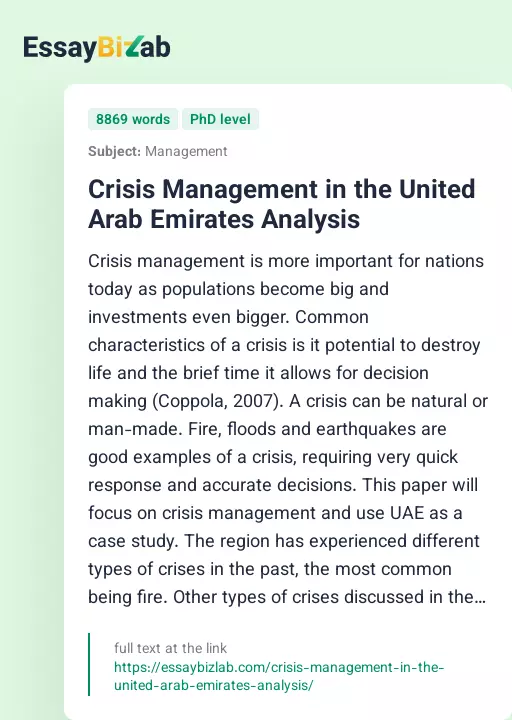 Crisis Management in the United Arab Emirates Analysis - Essay Preview