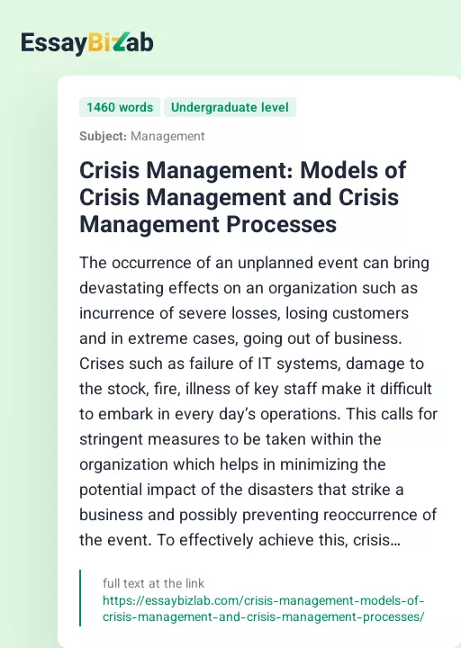 Crisis Management: Models of Crisis Management and Crisis Management Processes - Essay Preview