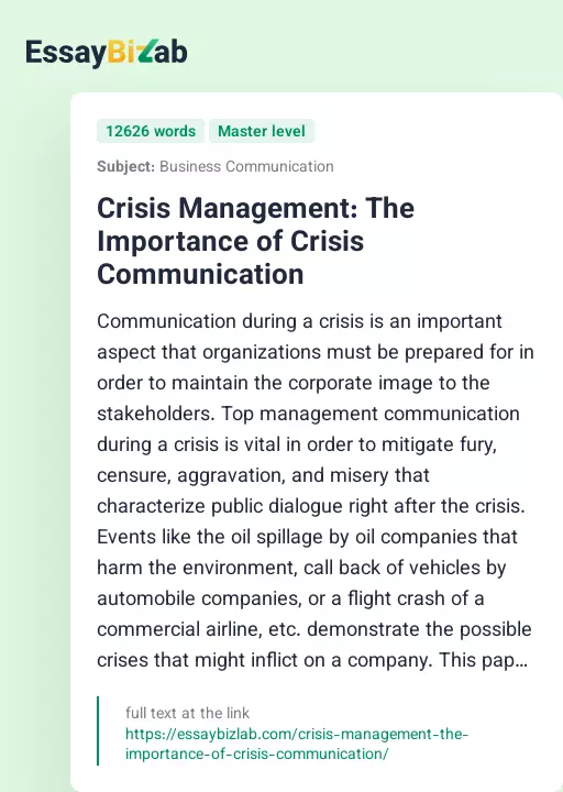 Crisis Management: The Importance of Crisis Communication - Essay Preview