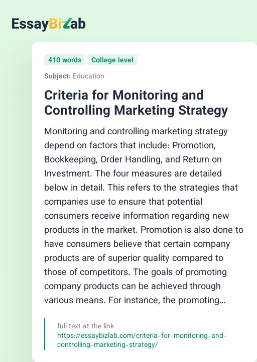 Criteria for Monitoring and Controlling Marketing Strategy - Essay Preview