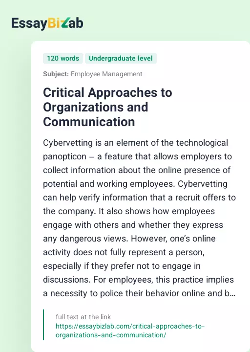 Critical Approaches to Organizations and Communication - Essay Preview