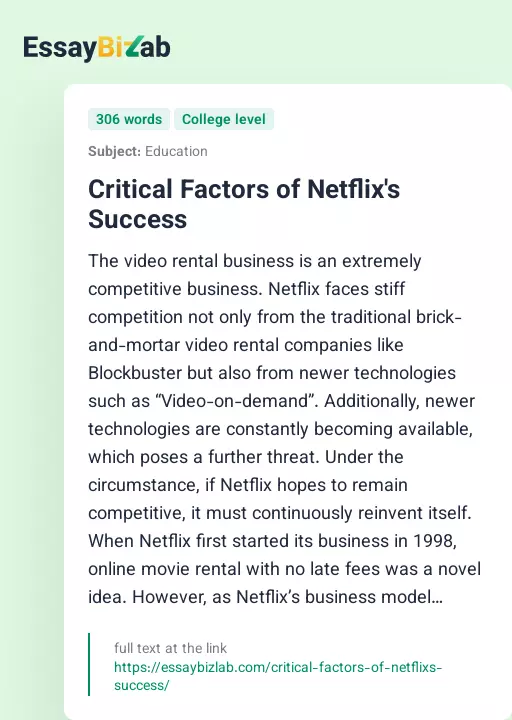 Critical Factors of Netflix's Success - Essay Preview