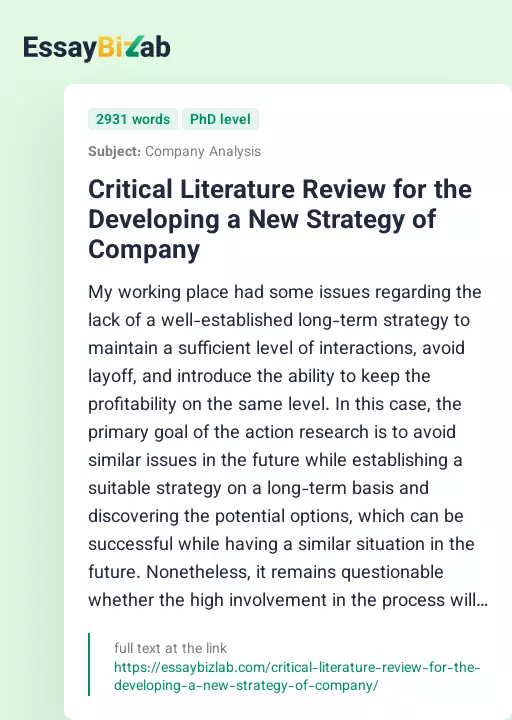 Critical Literature Review for the Developing a New Strategy of Company - Essay Preview