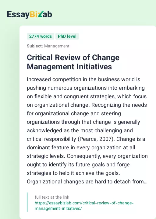 Critical Review of Change Management Initiatives - Essay Preview
