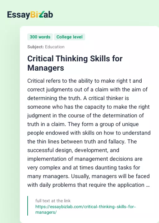 Critical Thinking Skills for Managers - Essay Preview