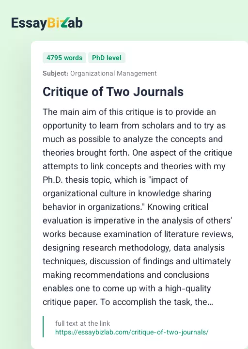 Critique of Two Journals - Essay Preview