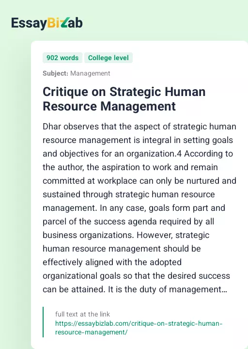 Critique on Strategic Human Resource Management - Essay Preview