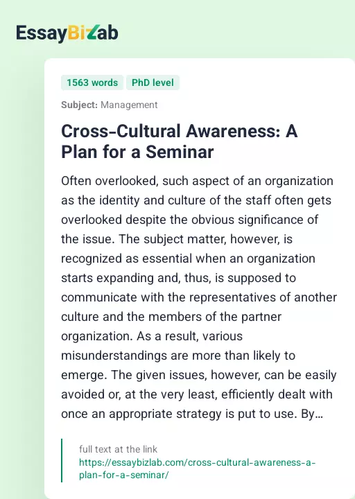 Cross-Cultural Awareness: A Plan for a Seminar - Essay Preview