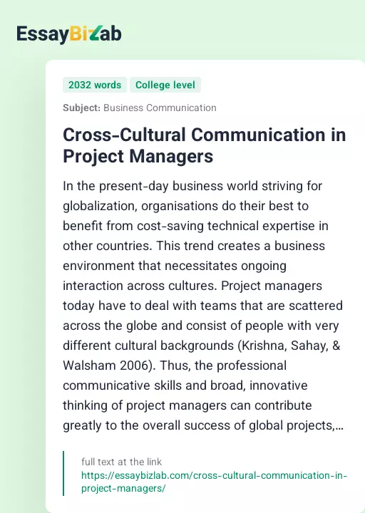 Cross-Cultural Communication in Project Managers - Essay Preview