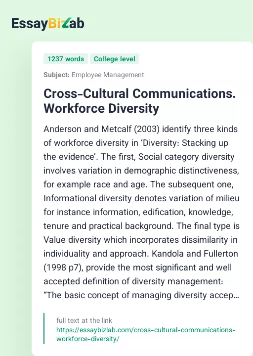 Cross-Cultural Communications. Workforce Diversity - Essay Preview