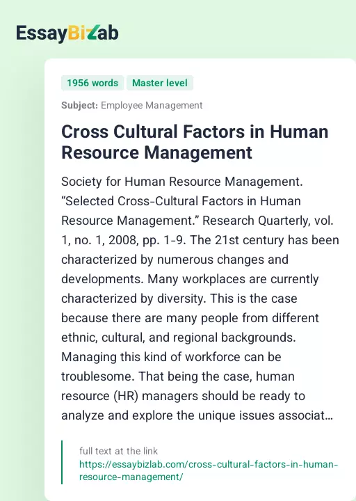 Cross Cultural Factors in Human Resource Management - Essay Preview