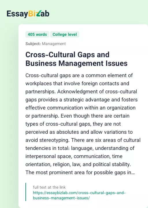 Cross-Cultural Gaps and Business Management Issues - Essay Preview