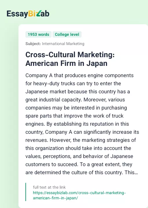 Cross-Cultural Marketing: American Firm in Japan - Essay Preview