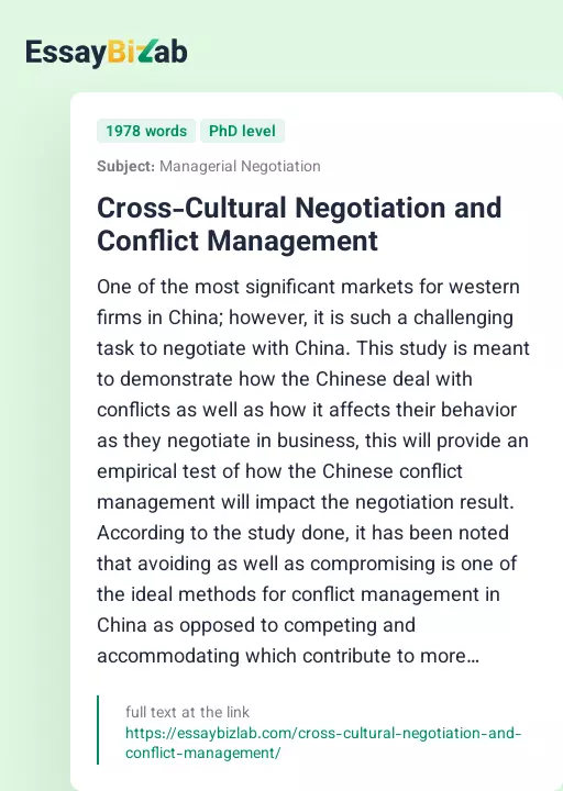Cross-Cultural Negotiation and Conflict Management - Essay Preview