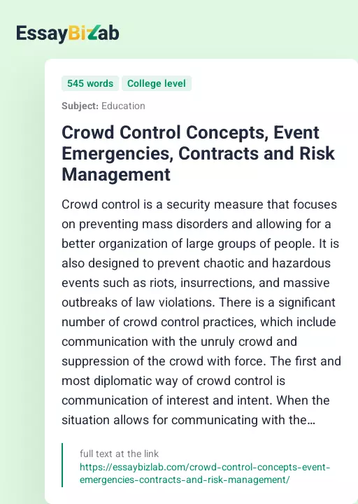 Crowd Control Concepts, Event Emergencies, Contracts and Risk Management - Essay Preview