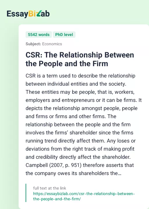 CSR: The Relationship Between the People and the Firm - Essay Preview