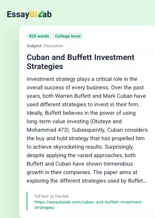 Cuban and Buffett Investment Strategies - Essay Preview