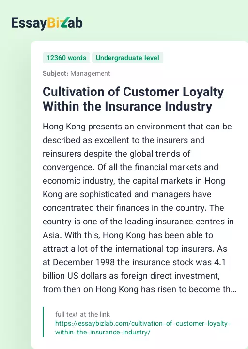 Cultivation of Customer Loyalty Within the Insurance Industry - Essay Preview
