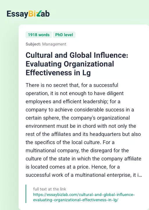 Cultural and Global Influence: Evaluating Organizational Effectiveness in Lg - Essay Preview