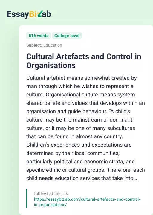 Cultural Artefacts and Control in Organisations - Essay Preview