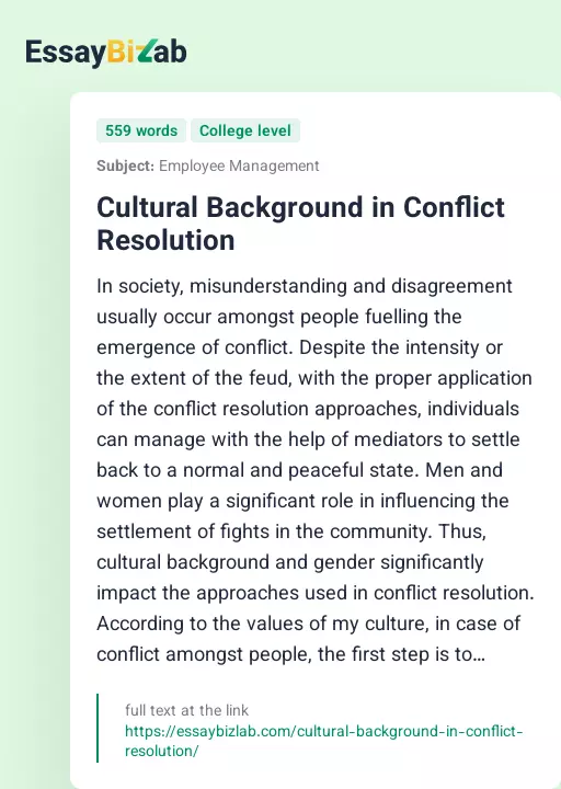 Cultural Background in Conflict Resolution - Essay Preview