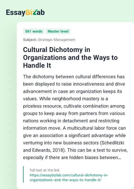 Cultural Dichotomy in Organizations and the Ways to Handle It - Essay Preview