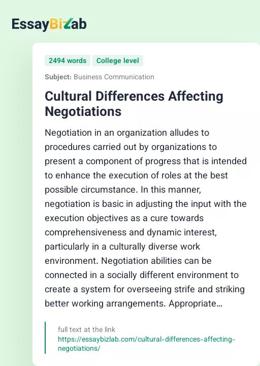 Cultural Differences Affecting Negotiations - Essay Preview
