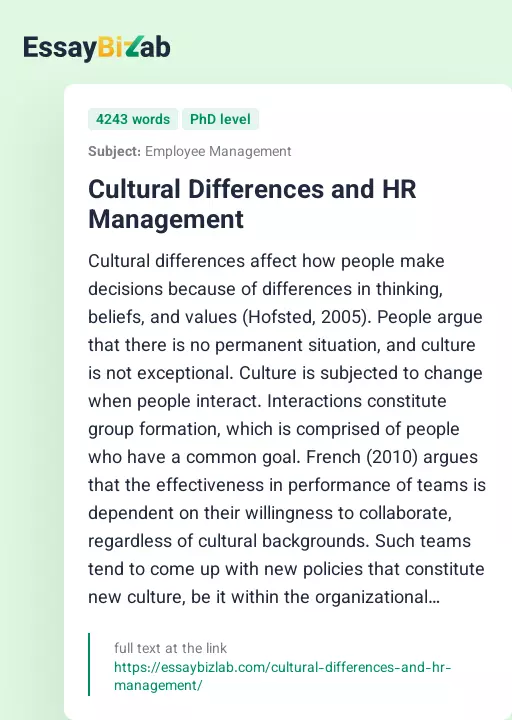 Cultural Differences and HR Management - Essay Preview
