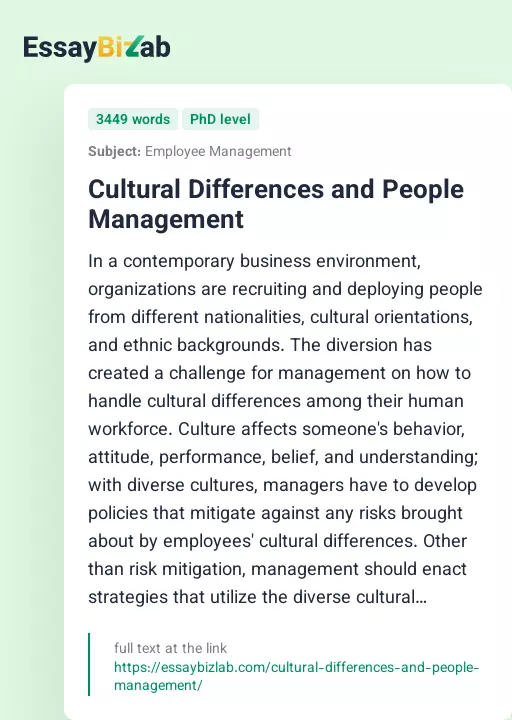Cultural Differences and People Management - Essay Preview