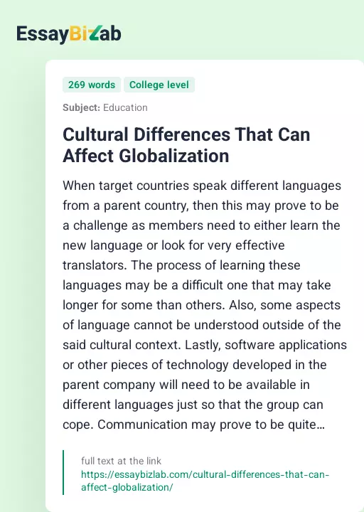 Cultural Differences That Can Affect Globalization - Essay Preview