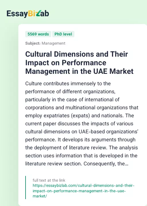 Cultural Dimensions and Their Impact on Performance Management in the UAE Market - Essay Preview