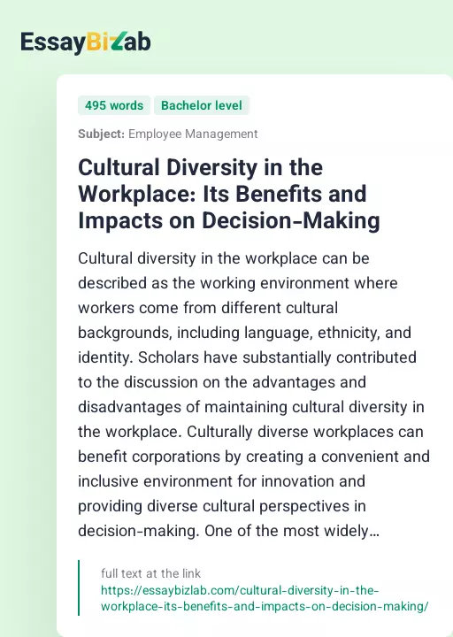 Cultural Diversity in the Workplace: Its Benefits and Impacts on Decision-Making - Essay Preview