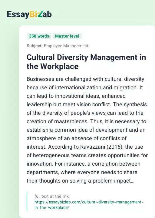 Cultural Diversity Management in the Workplace - Essay Preview