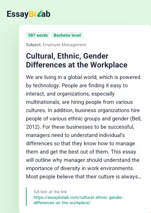 Cultural, Ethnic, Gender Differences at the Workplace - Essay Preview