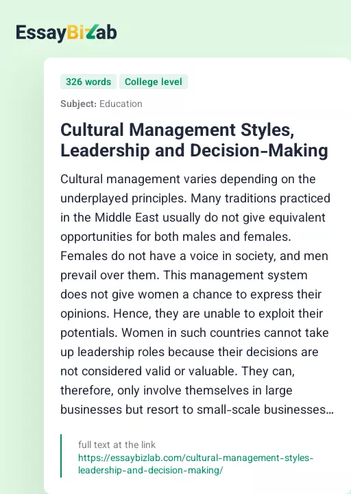 Cultural Management Styles, Leadership and Decision-Making - Essay Preview