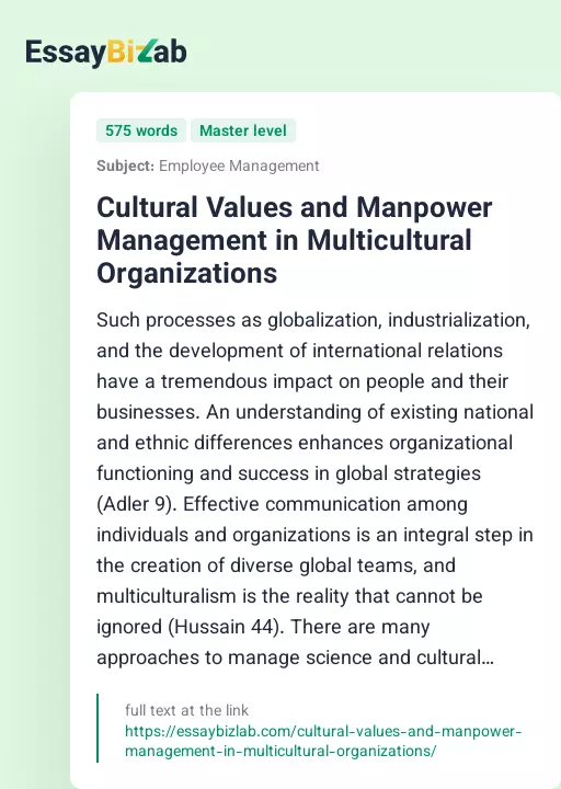 Cultural Values and Manpower Management in Multicultural Organizations - Essay Preview